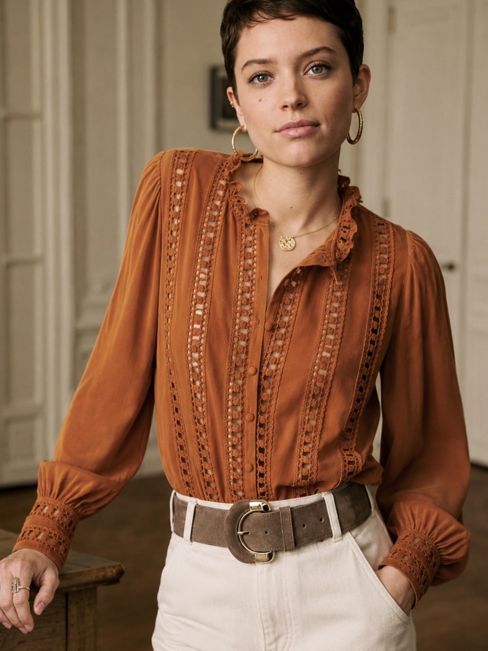 SÉZANE Anna 100% Silk Blouse Caramel Rust Lace Trim Button Down Shirt 34